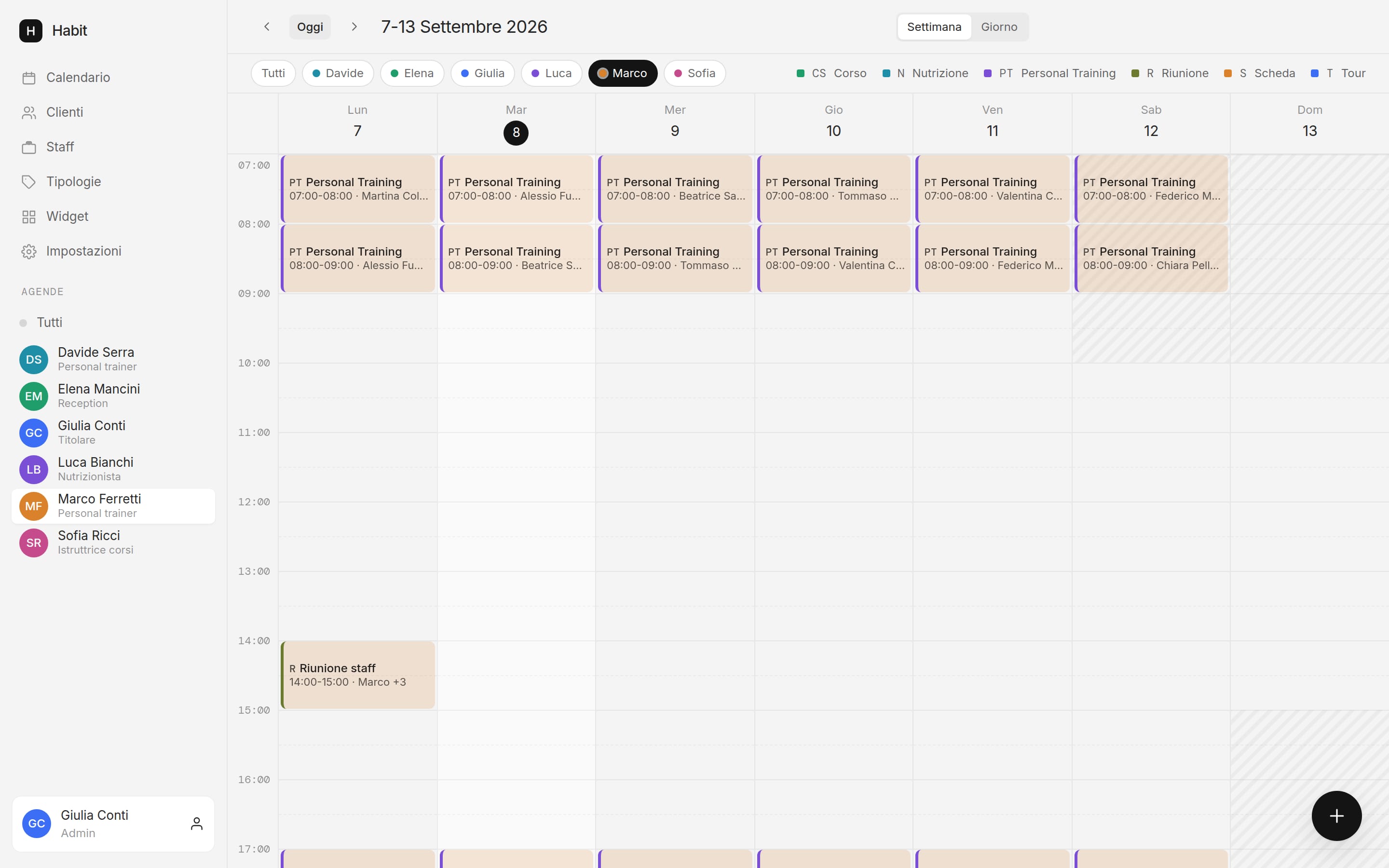 Agenda settimanale filtrata su un solo personal trainer
