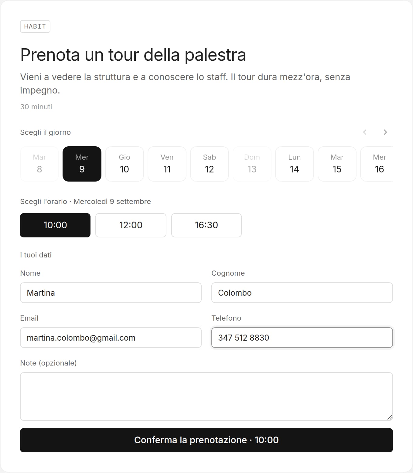 La pagina pubblica di prenotazione di un tour: scelta del giorno, degli orari disponibili e i campi per nome, cognome, email e telefono